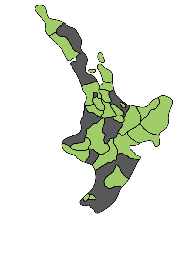 A map of the North Island broken down my local council area. Councils that have signed up to the Age friendly network are highlighted
