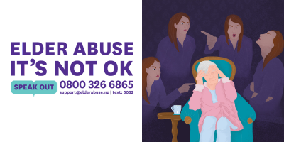 A graphic showing an older woman remembering her abuser 