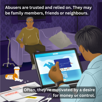 A graphic showing a caregiver using an older person's credit card to gamble