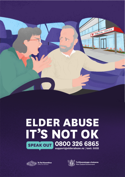 A digital poster showing a caregiver shouting at an older person in the car  